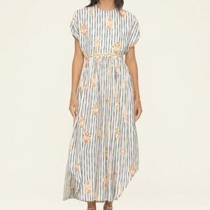 Agua Bendita Strip Floral Maxi Dress Short Sleeve Cream Green Size Small NWT